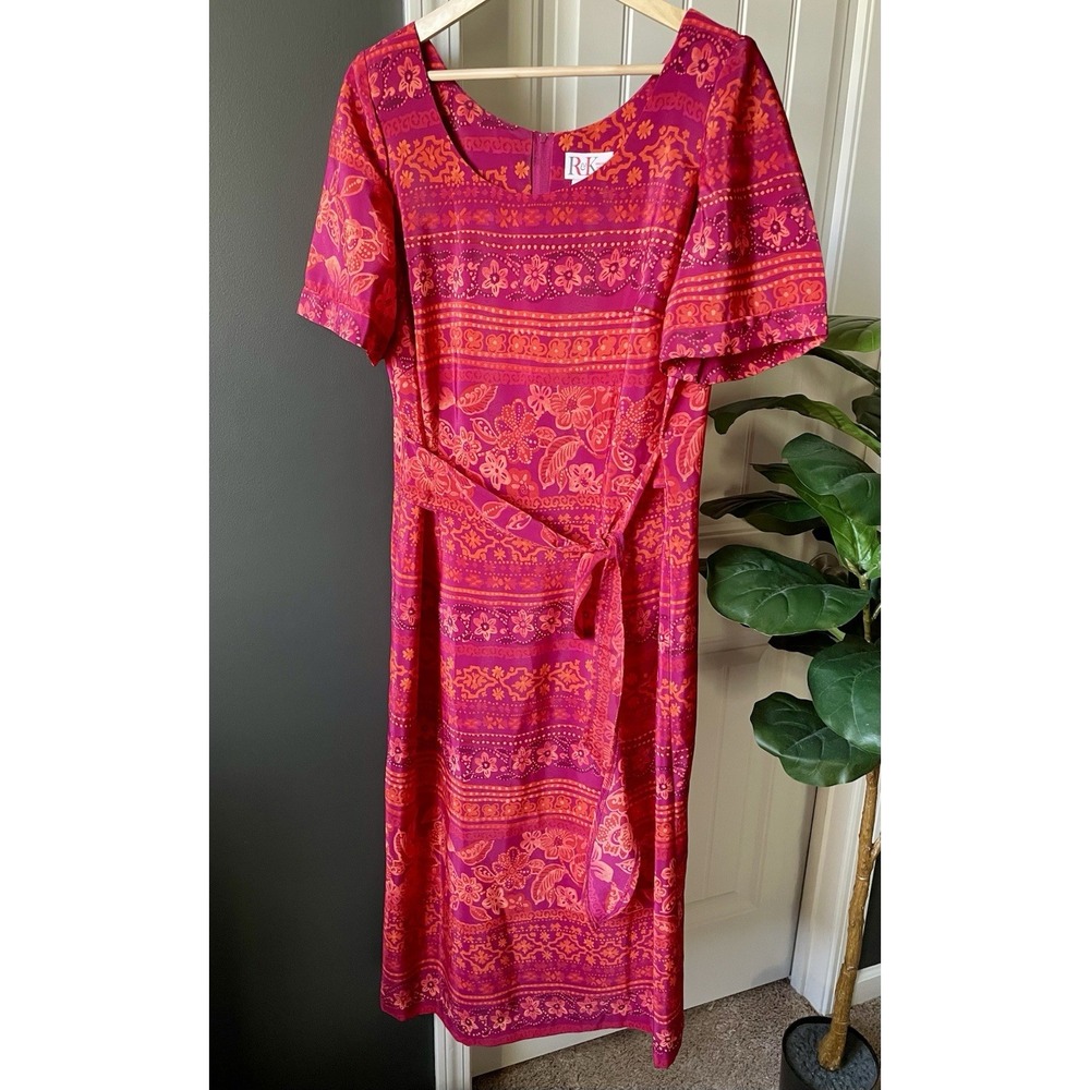 Vtg R&K Originals Midi Dress 60s 70s Psychedelic Batik Floral Tie Fuchsia 14W